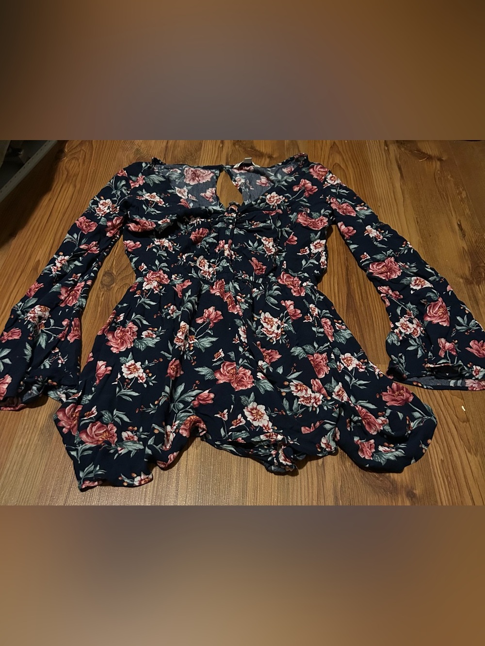 American Eagle Outfitters Navy Floral Tie-Front Romper with Pink Blossoms